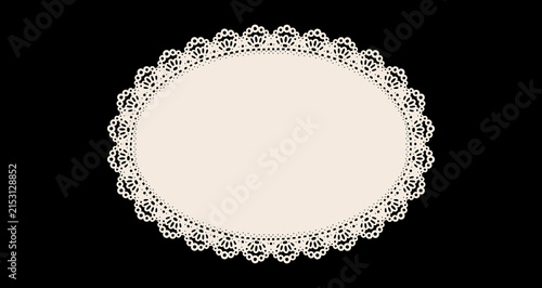 Fotografie Classic beige oval lace doily template with delicate openwork borders and a blank center space, perfectly suited for aesthetic cottagecore scrapbooking, boutique tags and elegant wedding invitations
