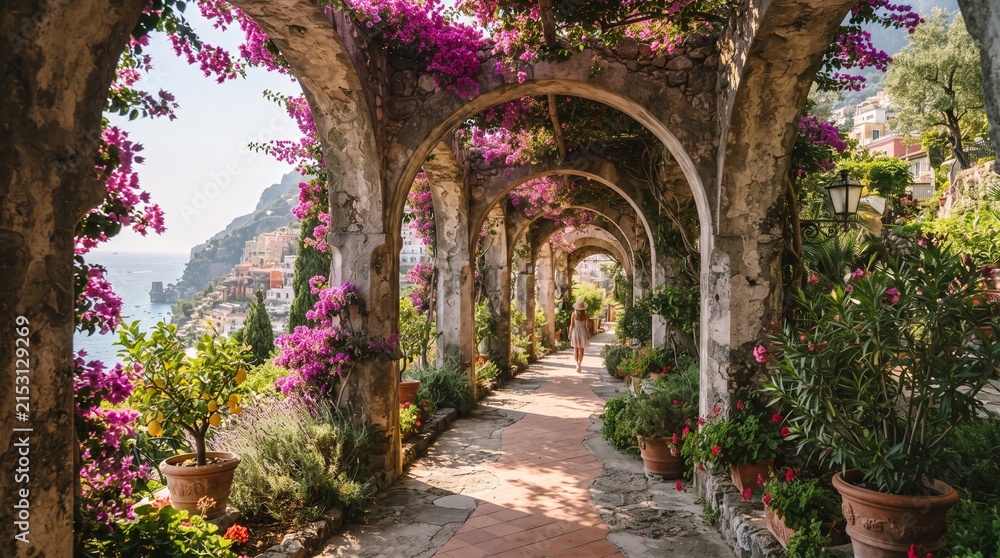 Obraz premium A sunlit arched corridor in a historic Mediterranean villa, adorned with vibrant bougainvillea and framed by lush greenery against a scenic mountain backdrop.