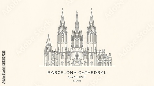 Detailed Architectural Illustration of Barcelona Cathedral Skyline for Travel and Design Projects