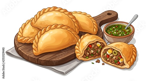 Delicious Baked Empanadas on Wooden Board with Chimichurri Sauce for Culinary Presentation and Recipe Design