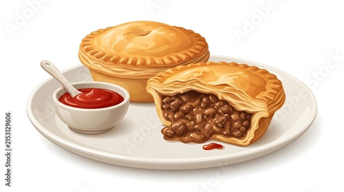 Delicious Meat Pies with Tomato Sauce on White Plate for Culinary Advertising and Menu Design