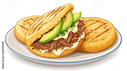 Delicious Grilled Arepas with Shredded Beef and Avocado on Plate for Authentic Latin American Cuisine
