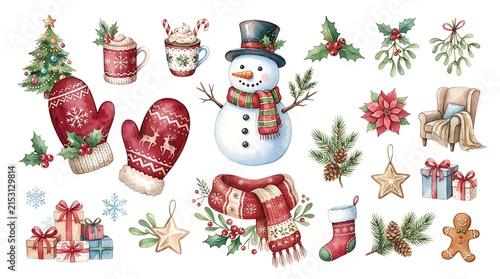 Watercolor christmas elements set isolated on white background