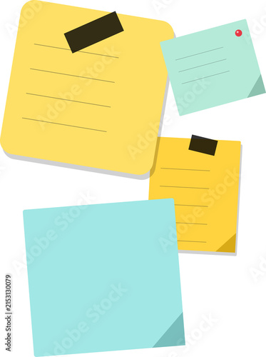 Collection of colorful lined sticky notes with tape and push pin icons