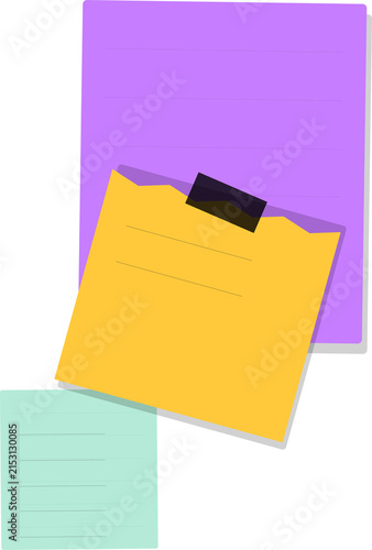 Yellow and purple sticky notes attached with black tape on white area