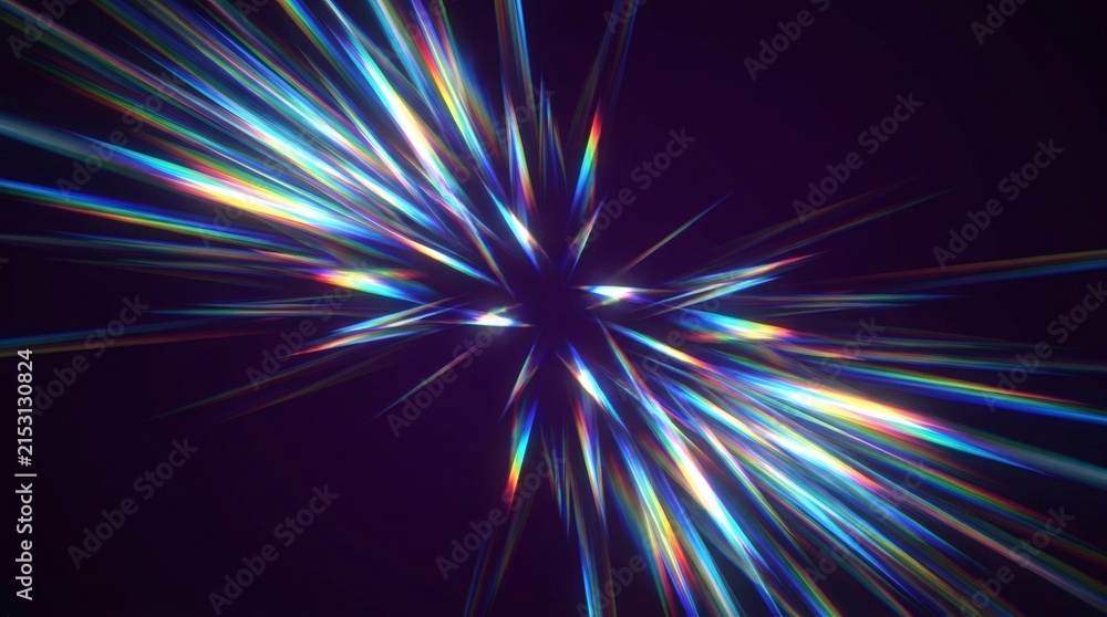 Fototapeta premium Prism light refraction background, rainbow crystal lens flare, abstract spectral light rays on dark background