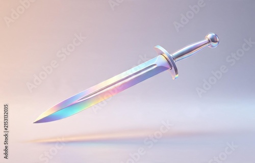Colorful iridescent sword floating in soft gradient background