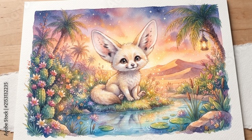 A fennec fox sits calmly beside a tranquil stream surrounded by lush palm trees and vibrant desert flora in a painterly watercolor style.