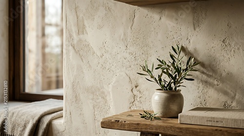 Olive branch in a vase on shelf.