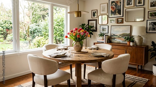 Cozy dining room with flowers table.