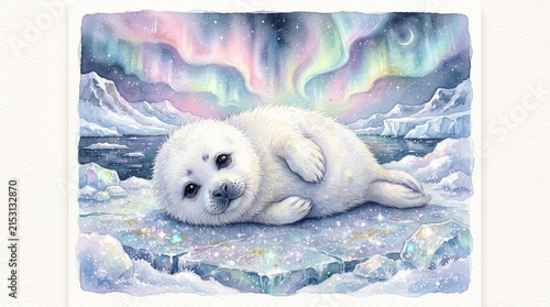 Adorable white seal pup curls up on ice floes beneath an aurora borealis display in a breathtaking Arctic winter landscape scene.