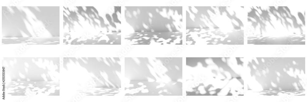 Obraz premium Tree leaf shadow collection overlay on the wall and floor isolated on a transparent background PNG