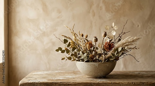 Dried flowers in a bowl on table.