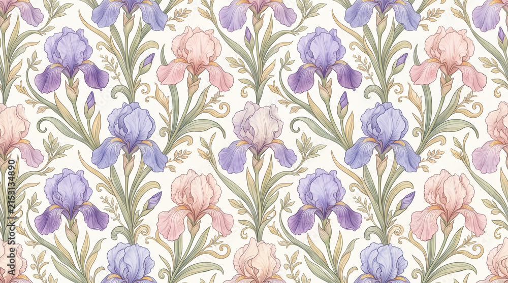 Obraz premium Seamless floral pattern featuring delicate irises in soft purple and pink hues with green leaves on a light background