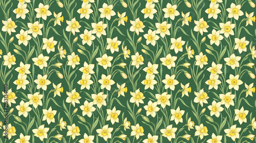Seamless floral pattern featuring yellow daffodils on a rich green background, creating a vibrant and fresh atmosphere