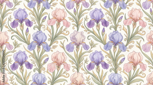 Seamless floral pattern featuring delicate irises in soft purple and pink hues with green leaves on a light background