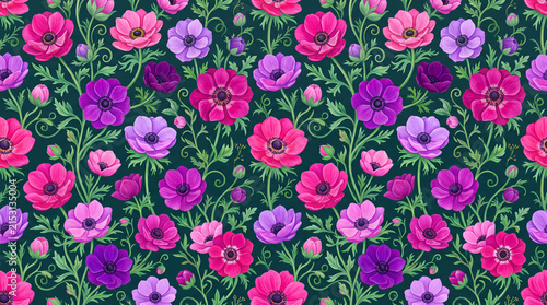 Seamless floral pattern featuring vibrant pink and purple flowers on a dark green background