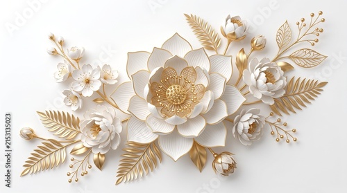 Luxury white flowers with golden leaves and delicate botanical ornament