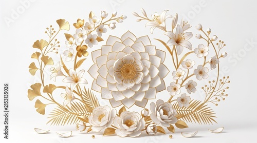 Elegant white and gold floral arrangement with butterflies and botanical accents