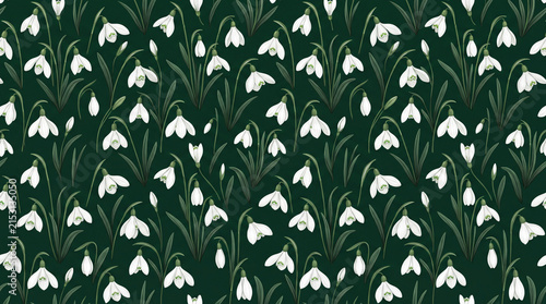 Seamless repeating pattern of delicate white snowdrop flowers on a lush dark green background