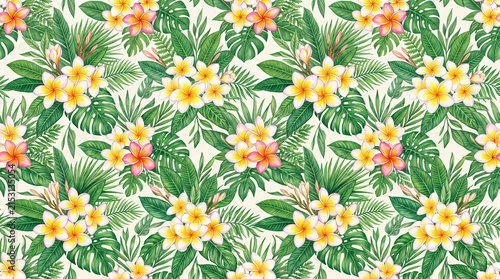 Seamless pattern featuring vibrant yellow and pink tropical flowers surrounded by lush green leaves