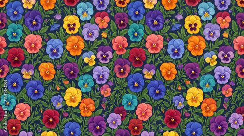 Seamless pattern of vibrant pansies in various colors on a dark background, showcasing floral beauty and intricate detailing