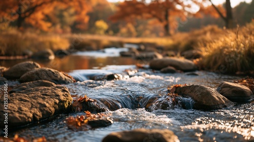 Rocky autumn creek with cascading water orange foliage and golden sunlight