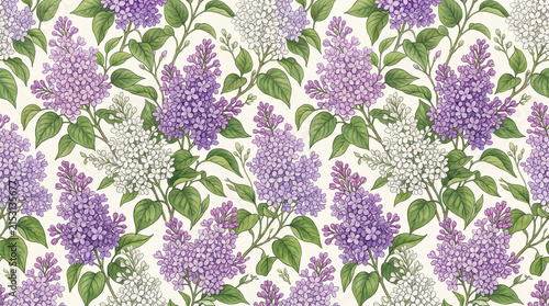 Seamless pattern featuring lilac flowers in shades of purple and white, surrounded by lush green leaves, rendered in a botanical style