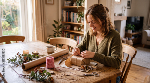 A woman happily wraps a gift at a wooden table during daylight, surrounded by festive decorations