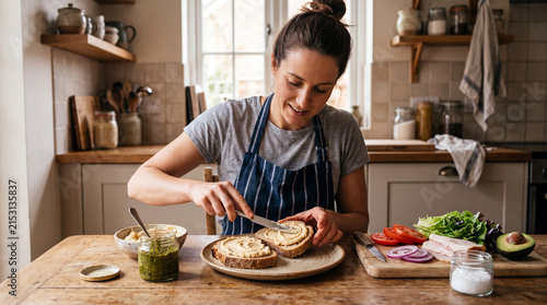 A woman in a striped apron spreading cream cheese on a slice of bread while preparing a fresh sandwich with vegetables
