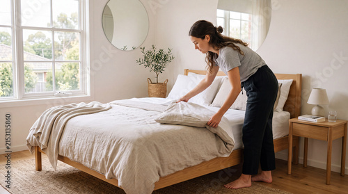A young adult woman arranging pillows on a neatly made bed in a warmly lit bedroom with soft décor and greenery