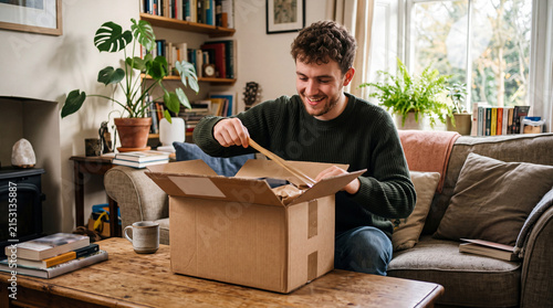 A young man joyfully unboxing a package in a cozy living room filled with plants and books