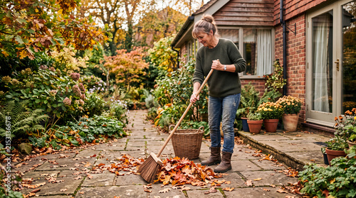 A woman raking leaves in a garden surrounded by autumn foliage in a suburban setting