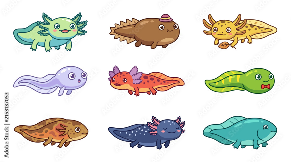 Obraz premium Cute cartoon axolotl characters in various colors and expressive poses.