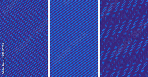 Set of three blue abstract geometric patterns with diagonal lines and dot textures