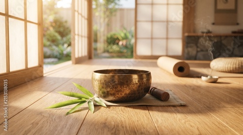 Tibetan singing bowl and a cannabis leaf create a serene and meditative atmosphere in a sunlit room with traditional Japanese architectural elements and a garden view.
