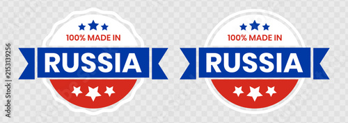 100% Made in Russia Badge and Ribbon Sticker Vector Set