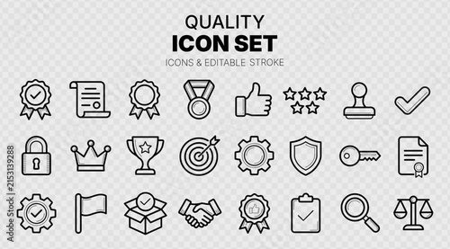 Premium Quality and Guarantee Line Vector Icon Set, Certification and Approval Outline