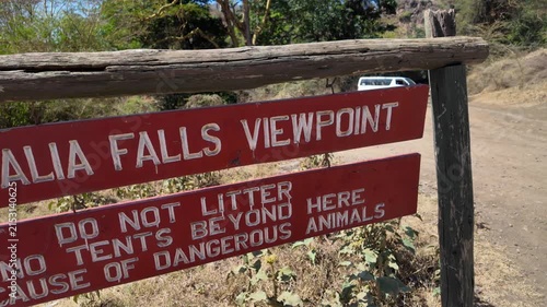 Kenya Safari Signage: Wooden Warning Sign at Makalia Falls Viewpoint