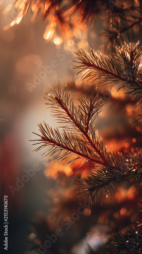 Pine Branch with Warm Bokeh Lights, A Cozy Winter Glow
