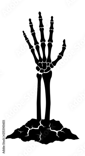 Black silhouette of a skeleton hand rising from the cracked earth isolated on a white background