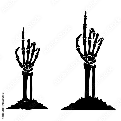 Two skeleton hands rising from the ground with fingers pointing up isolated on a white background
