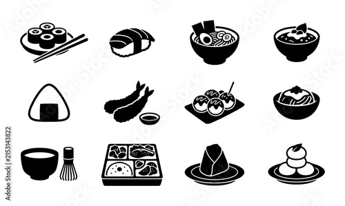 Japanese Food Icons Set, Vector Graphics of Sushi, Ramen, Bento Box, and Desserts for Culinary Design