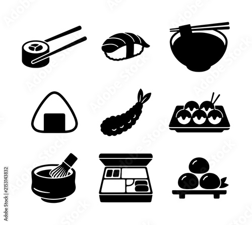 Japanese Food Icons Set: Sushi, Ramen, Onigiri, Tempura, Takoyaki, Mochi, Matcha Whisk, Chopsticks, Vector Graphics for Culinary Design