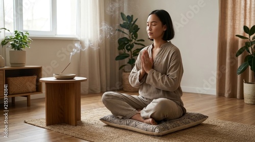 Peaceful Asian Woman Meditating in Zen Living Room with Incense Smoke for Wellness and Mindfulness