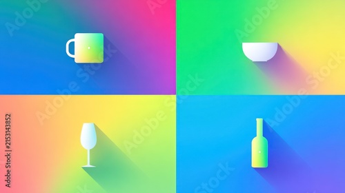 Four flat, stylized icons of kitchenware on a colorful, gradient background.  Simple, modern design with a soft, shadow effect