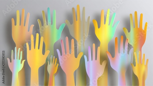 Many hands reaching up,  brightly colored, abstract