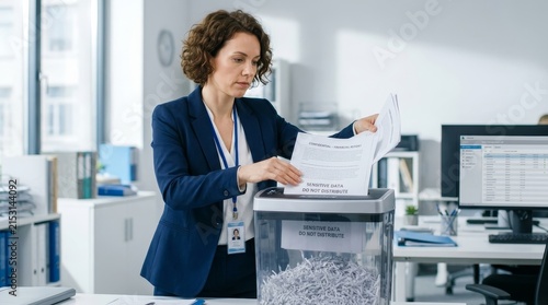 Businesswoman Shredding Confidential Financial Documents in Modern Office for Data Security and Privacy Compliance