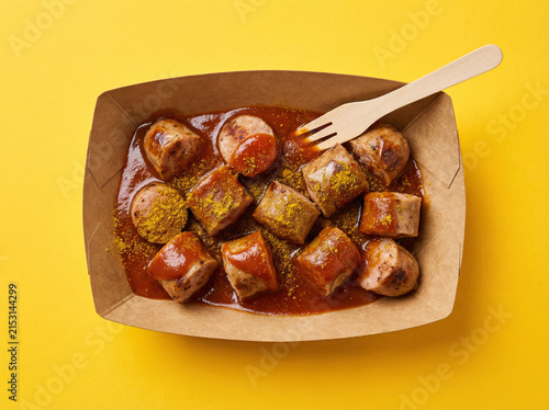 Currywurst German Sausage Snack with Fork Top View