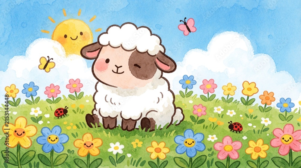 Obraz premium Cute cartoon sheep sits happily in vibrant field of blooming flowers under cheerful sun, fluffy clouds. Butterflies, ladybugs add to idyllic springtime scene, perfect for children stories nature
